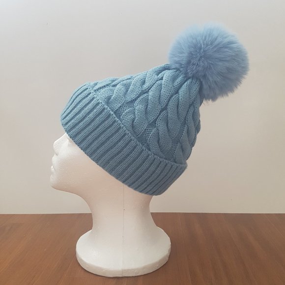 New Handmade Cable Knit Blue Beanie or Toque with Faux Fur Pom Pom and Lining - Picture 7 of 7